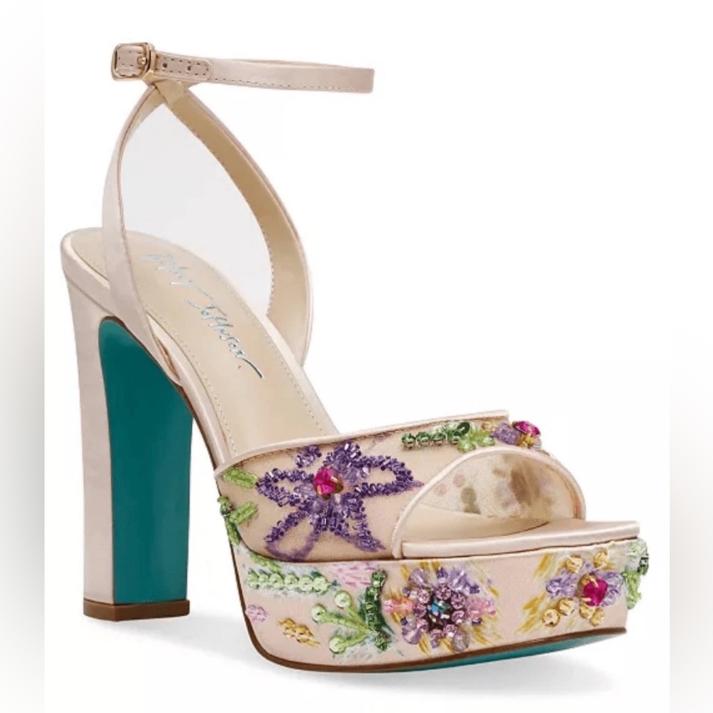 Betsey Johnson Pink and Teal Embroidered Platform Heels